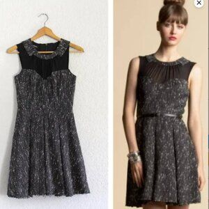 BEBE Angelina Tweed Sheer Mesh Fit & Flare Skater Party Fringe Hem Tulle Dress 6